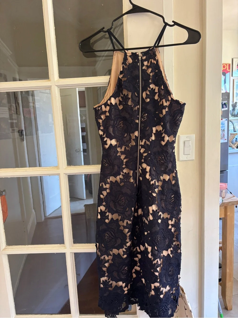 AKIRA Navy and Beige Floral Lace Overlay Halter Dress
